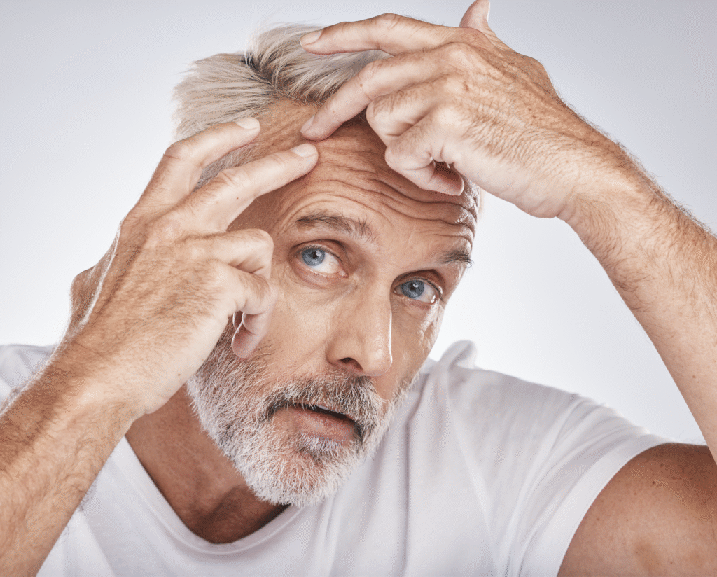 En eldre mann med grått hår tar på hårlinjen sin - behandling mot hårtap